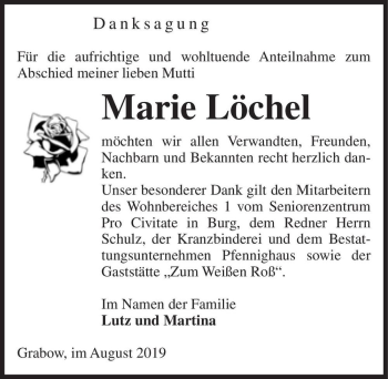 Traueranzeige von Marie Löchel  von Magdeburger Volksstimme