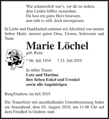 Traueranzeige von Marie Löchel (geb. Ronz)  von Magdeburger Volksstimme