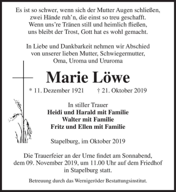 Traueranzeige von Marie Löwe  von Magdeburger Volksstimme