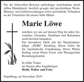 Traueranzeige von Marie Löwe  von Magdeburger Volksstimme
