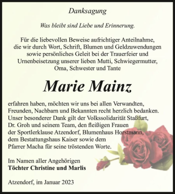 Traueranzeige von Marie Mainz  von Magdeburger Volksstimme