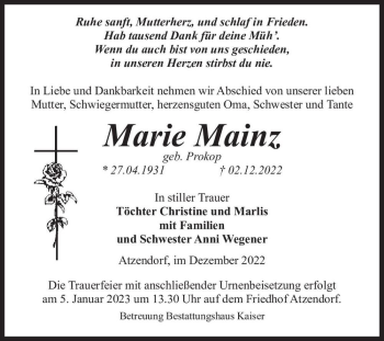 Traueranzeige von Marie Mainz (geb. Prokop)  von Magdeburger Volksstimme