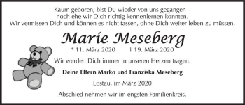 Traueranzeige von Marie Meseberg  von Magdeburger Volksstimme