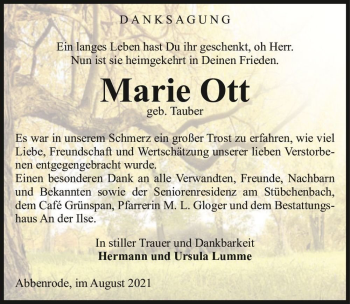 Traueranzeige von Marie Ott (geb. Tauber)  von Magdeburger Volksstimme