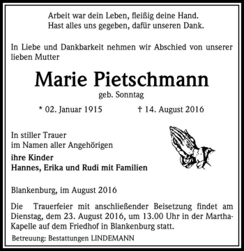 Traueranzeige von Marie Pietschmann (geb. Sonntag)  von Magdeburger Volksstimme