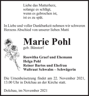 Traueranzeige von Marie Pohl (geb. Bünstorf)  von Magdeburger Volksstimme