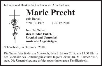 Traueranzeige von Marie Precht (geb. Bartak)  von Magdeburger Volksstimme