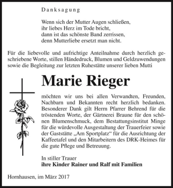 Traueranzeige von Marie Rieger  von Magdeburger Volksstimme