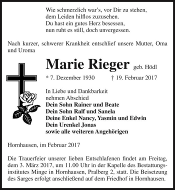 Traueranzeige von Marie Rieger (geb. Hödl)  von Magdeburger Volksstimme