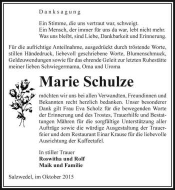 Traueranzeige von Marie Schulze  von Magdeburger Volksstimme