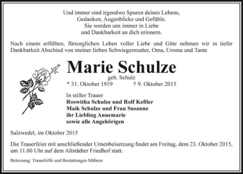 Traueranzeige von Marie Schulze (geb. Schulz)  von Magdeburger Volksstimme