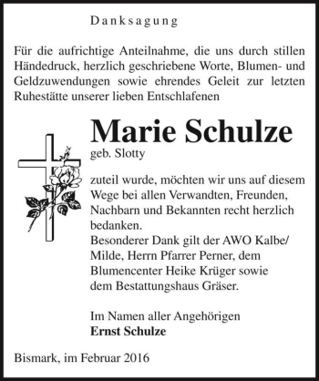 Traueranzeige von Marie Schulze (geb. Slotty)  von Magdeburger Volksstimme