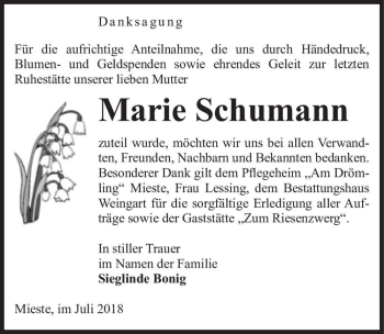 Traueranzeige von Marie Schumann  von Magdeburger Volksstimme