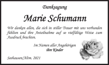 Traueranzeige von Marie Schumann  von Magdeburger Volksstimme