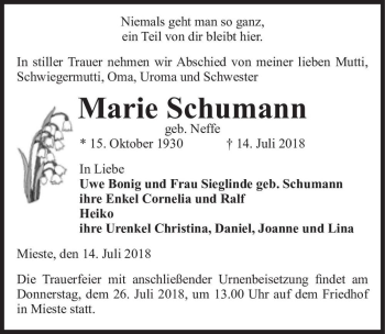 Traueranzeige von Marie Schumann (geb. Neffe)  von Magdeburger Volksstimme