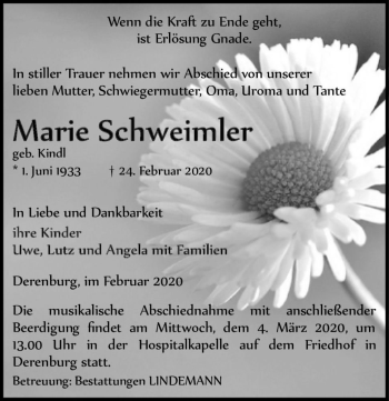 Traueranzeige von Marie Schweimler (geb. Kindl)  von Magdeburger Volksstimme