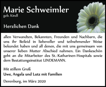 Traueranzeige von Marie Schweimler (geb. Kindl)  von Magdeburger Volksstimme