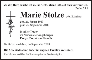 Traueranzeige von Marie Stolze (geb. Stirnisko)  von Magdeburger Volksstimme