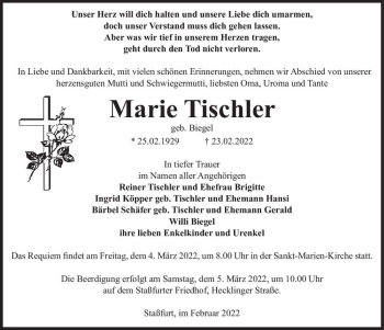 Traueranzeige von Marie Tischler (geb. Biegel)  von Magdeburger Volksstimme