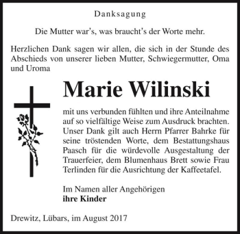 Traueranzeige von Marie Wilinski  von Magdeburger Volksstimme