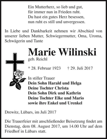 Traueranzeige von Marie Wilinski (geb. Reichl)  von Magdeburger Volksstimme