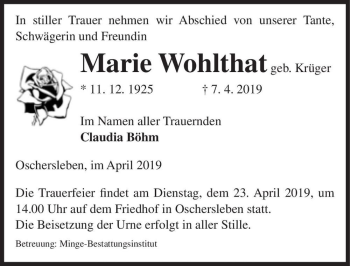 Traueranzeige von Marie Wohlthat (geb. Krüger)  von Magdeburger Volksstimme