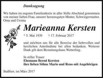 Traueranzeige von Marieanna Kersten  von Magdeburger Volksstimme