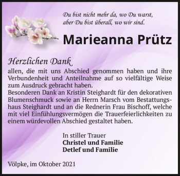 Traueranzeige von Marieanna Prütz  von Magdeburger Volksstimme