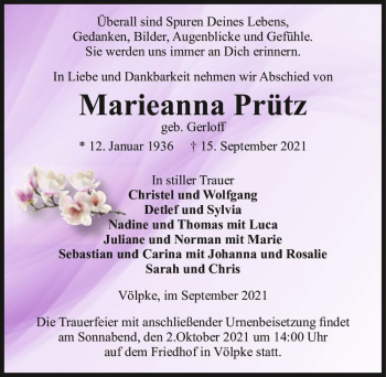 Traueranzeige von Marieanna Prütz (geb. Gerloff)  von Magdeburger Volksstimme
