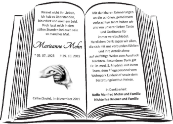 Traueranzeige von Marieanne Mohn  von Magdeburger Volksstimme