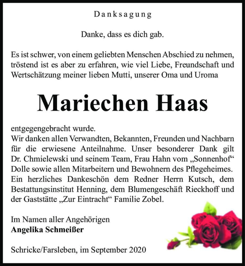  Traueranzeige für Mariechen Haas  vom 19.09.2020 aus Magdeburger Volksstimme