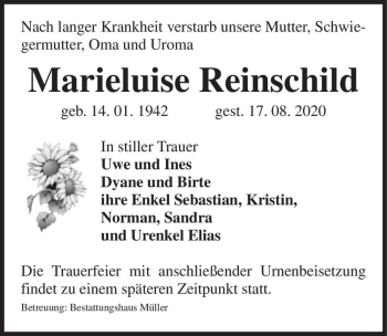 Traueranzeige von Marieluise Reinschild  von Magdeburger Volksstimme