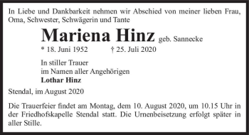 Traueranzeige von Mariena Hinz (geb. Sannecke)  von Magdeburger Volksstimme