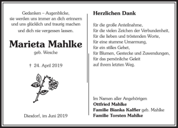 Traueranzeige von Marieta Mahlke (geb. Wesche)  von Magdeburger Volksstimme