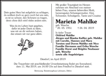 Traueranzeige von Marieta Mahlke (geb. Wesche)  von Magdeburger Volksstimme