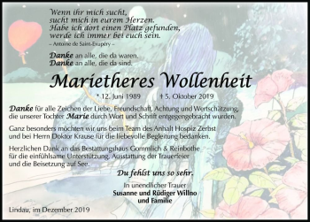 Traueranzeige von Marietheres Wollenheit  von Magdeburger Volksstimme