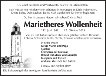 Traueranzeige von Marietheres Wollenheit  von Magdeburger Volksstimme