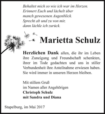Traueranzeige von Marietta Schulz  von Magdeburger Volksstimme