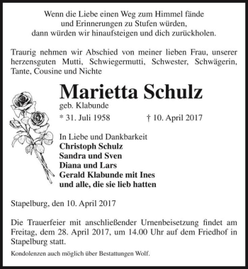 Traueranzeige von Marietta Schulz (geb. Klabunde)  von Magdeburger Volksstimme