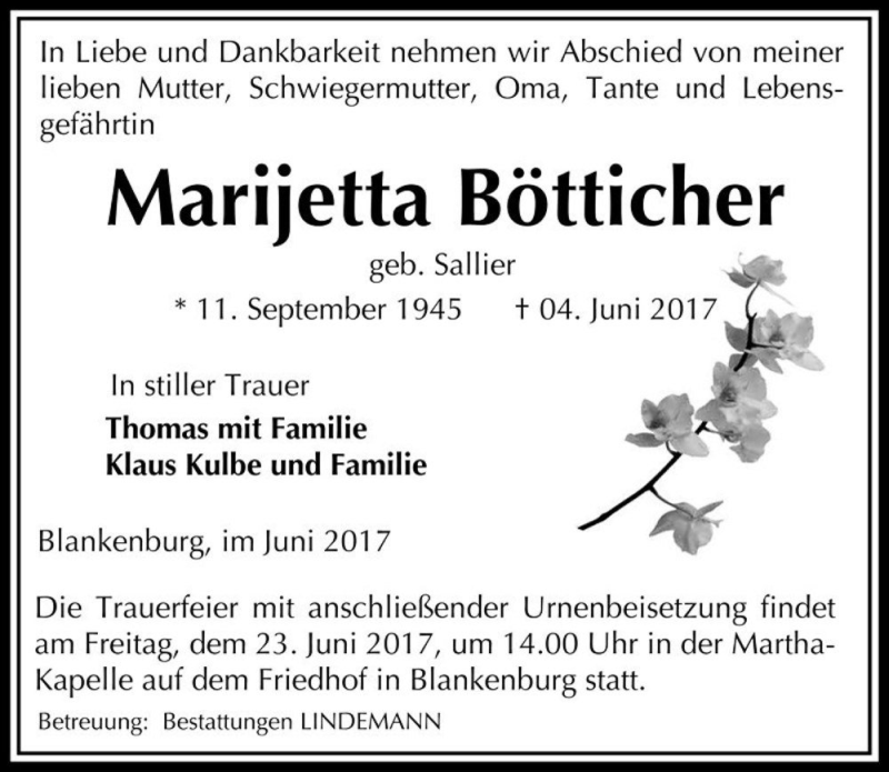  Traueranzeige für Marijetta Bötticher (geb. Sallier)  vom 10.06.2017 aus Magdeburger Volksstimme