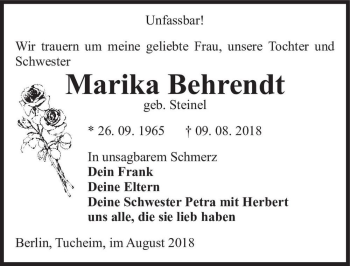 Traueranzeige von Marika Behrendt (geb. Steinel)  von Magdeburger Volksstimme