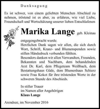 Traueranzeige von Marika Lange (geb. Kleinau)  von Magdeburger Volksstimme