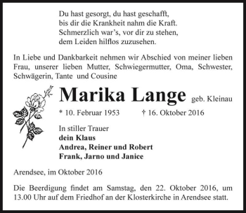 Traueranzeige von Marika Lange (geb. Kleinau)  von Magdeburger Volksstimme