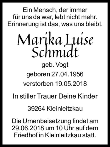 Traueranzeige von Marika Luise Schmidt (geb. Vogt)  von Magdeburger Volksstimme