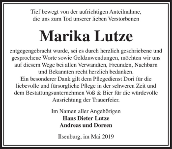Traueranzeige von Marika Lutze  von Magdeburger Volksstimme