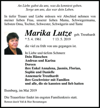 Traueranzeige von Marika Lutze (geb. Treuthardt)  von Magdeburger Volksstimme