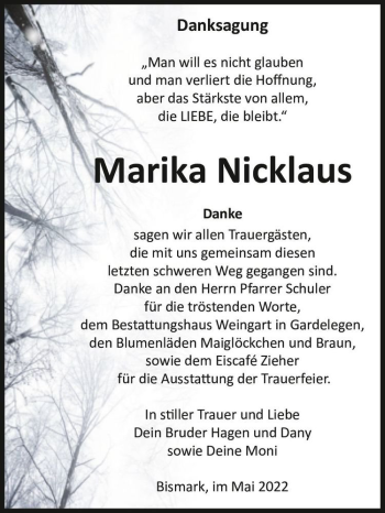 Traueranzeige von Marika Nicklaus  von Magdeburger Volksstimme