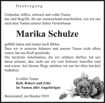 Traueranzeige von Marika Schulze  von Magdeburger Volksstimme