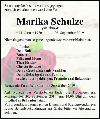 Traueranzeige von Marika Schulze ( geb. Heider)  von Magdeburger Volksstimme