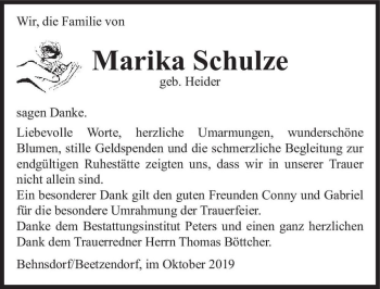 Traueranzeige von Marika Schulze (geb. Heider)  von Magdeburger Volksstimme